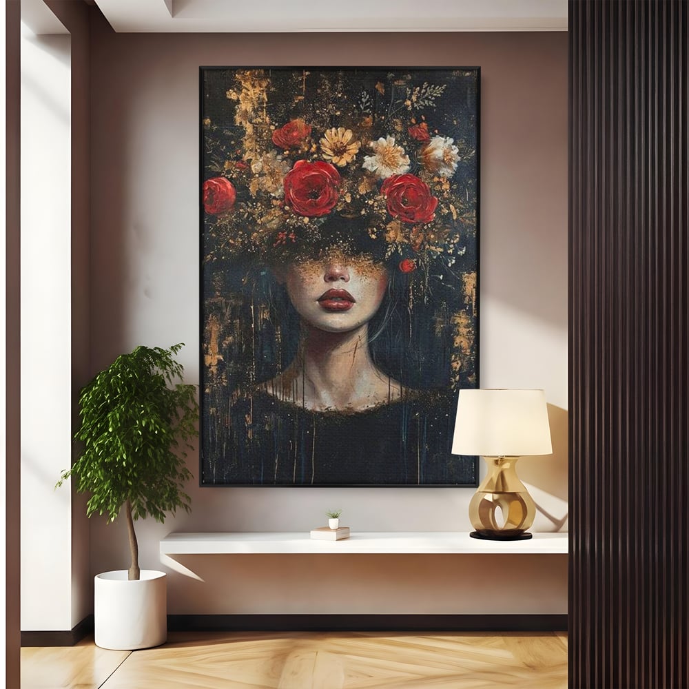 Tablou canvas cu tablou canvas cu portret de femeie si trandafiri rosii, in rama de aluminiu negru